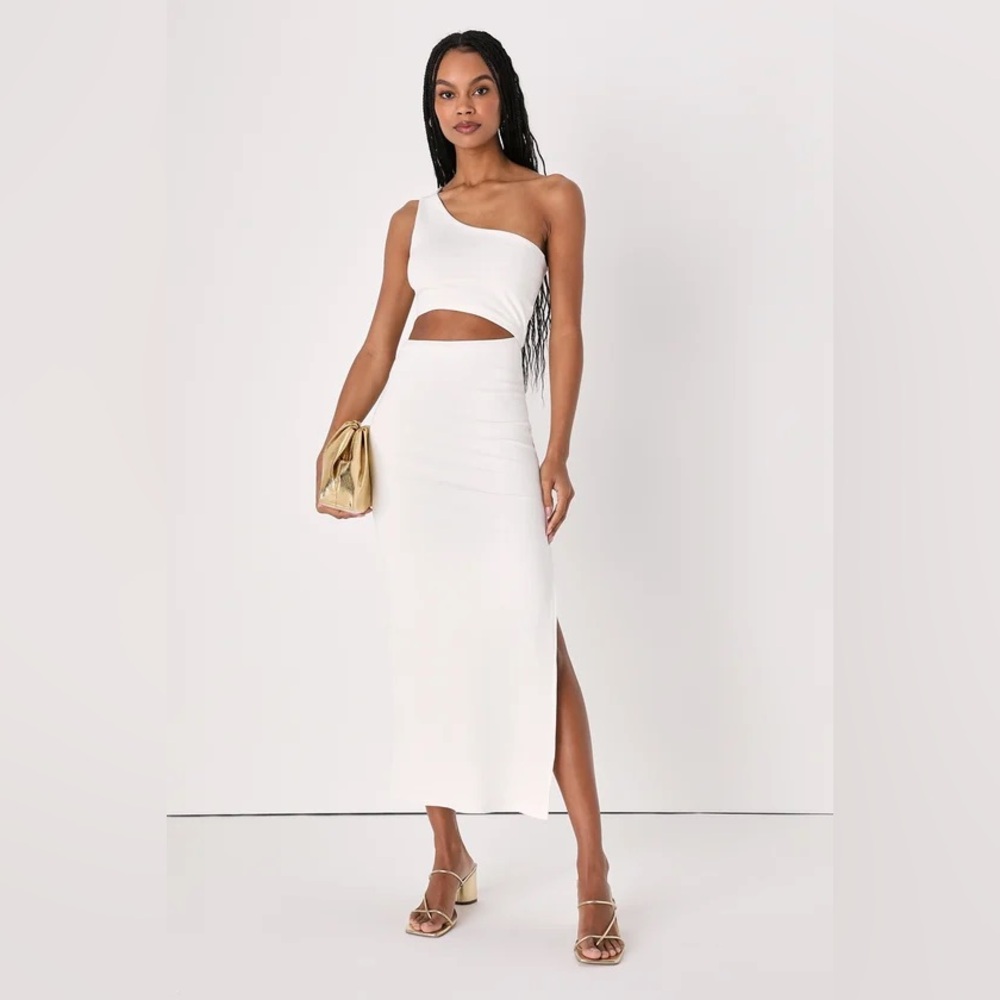 White Ribbed One-Shoulder Cutout Midi Dress